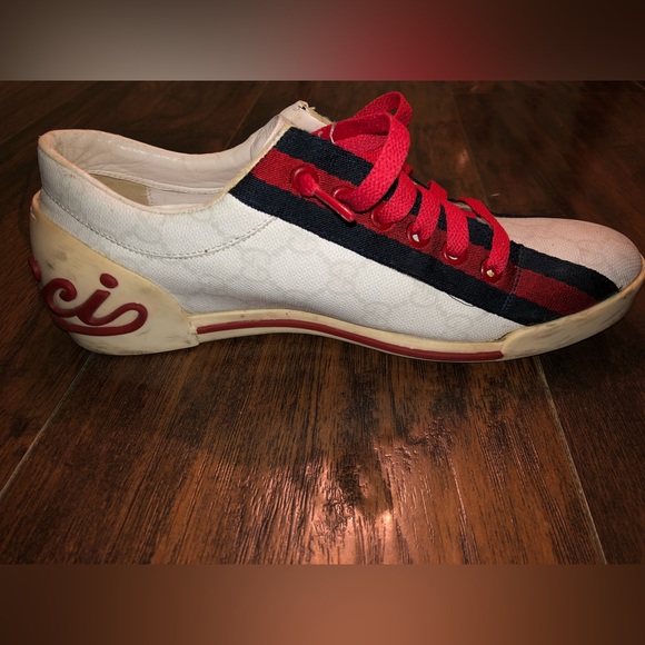 Gucci GG Monogram Script White/Navy/Red Sneakers SZ 37 - Picture 7 of 13